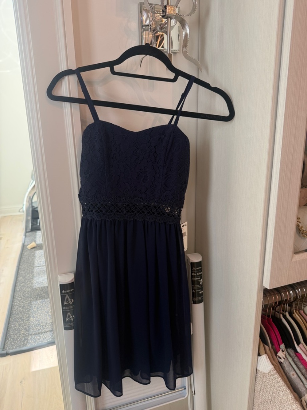 BCX Navy Lace-Trim Spaghetti Strap Dress